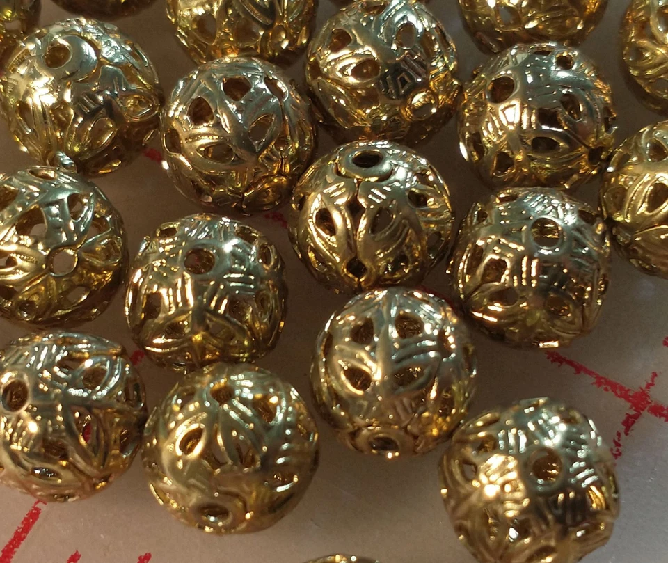 144 Vintage gold color 9mm filigree metal beads made in Japan strung on wire - Image 1 of 4