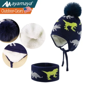 Winter Kids Boy Girls Warm Earflap Knit Hat Toddler Fleece Beanie Cap Scarf Set - Picture 1 of 7