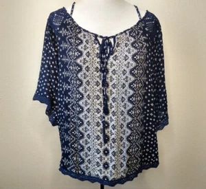 Top Angie Mujer Talla M Azul Geométrico Crochet Ribete Cerradura Borla Escote Boho - Imagen 1 de 7