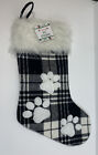 NEW Paw Print Christmas Stocking Dog Pet Holiday Black and Ivory Plaid 19"
