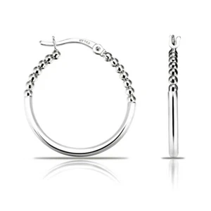 925 Solid Sterling Silver Shiny Polished Half Beaded Large Round Hoop Earrings - Picture 1 of 4