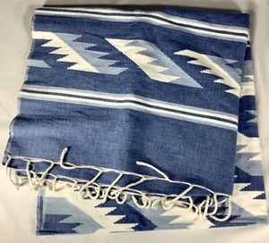 Southwest Pattern Woven Rug Beach Blanket Blue & White Washable Fringe EUC - Picture 1 of 3