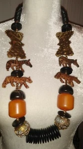 Jungle Safari Brass Wood Bead Carved Animal Statement Necklace Art Cat & Zebra  - Picture 1 of 7