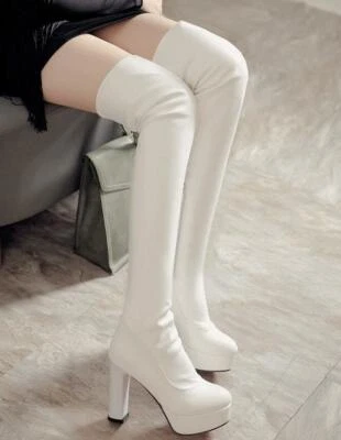 Botas hasta el muslo para mujer plataforma sobre la rodilla tacón alto cremallera lateral zapatos tirar Foto 1 de 4