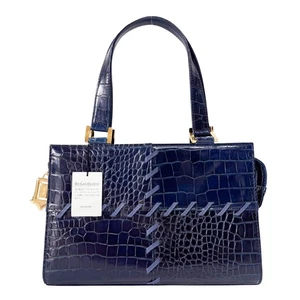 SAINT LAURENT Patchwork Navy Lizard Embossed Leather Handbag - Picture 1 of 17