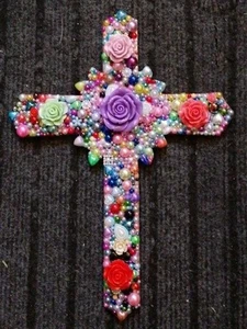 PERLE GEMMED HOLZ KRUZIFIX KREUZ Handarbeit Wanddeko schönes Geschenk 30x22x2cm - Bild 1 von 6