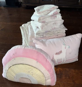 10pcs Pottery Barn Kids Unicorn Rainbow Pink Twin Quilt Sham Organic Sheet Set - Picture 1 of 15