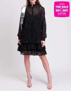 SILVIAN HEACH Chiffon Trapeze Dress IT42 US6 M Paisley Ruffle Made in Italy - Picture 1 of 11
