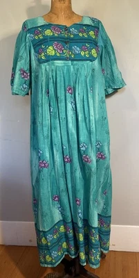 Vestido Vintage Años 70 Algodón Caftán Muumuu Ropa de Salón Verde Azulado Floral Boho M 10/12 Foto 1 de 4