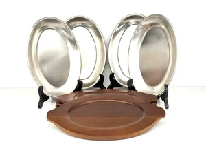 Set of 4 Sizzling Fajita Platter Plates with Wooden Bases Oval Metal Trays - Picture 1 of 24