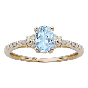 10k Ovalado de Oro Amarillo Aguamarina Y Anillo con Diamante - Imagen 1 de 5