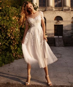 Beach Mini Wedding Dresses Short Sleeves Appliques Buttons Back Bridal Gowns New - Picture 1 of 8