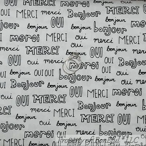 BonEful Fabric FQ Cotton Quilt Black White B&W Stripe Word Bonjour French Merci - Picture 1 of 12