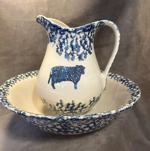 Folk Craft Cow/Heart Spongeware Stoneware Ceramic Pitcher /Bowl Tienshan Set - Picture 1 of 12