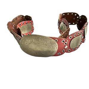 100% Leather - Silver Plated Moroccan Western Red Hippie Studded Hip Belt 42”