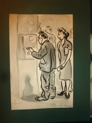 Dibujo original Ludwig Bemelmans lavado a tinta de 2 caras "perforación" Foto 1 de 4