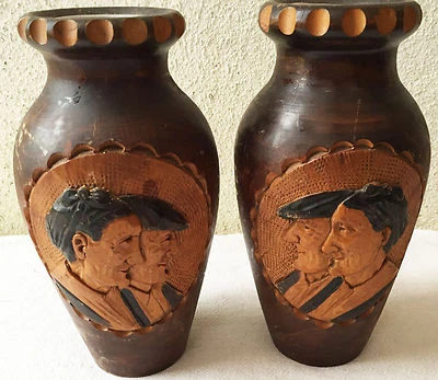 PAIRE VASES BOIS SCULPTÉ POT ETANCHE ART POPULAIRE BASQUE DECOR AMATXI AITACHI - Photo 1/4