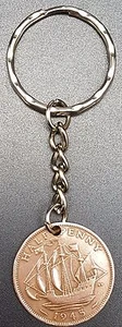 Upcycled 1945 Half Penny Key Ring / Keychain - Names & Initials Stamped to Order - Picture 1 of 1