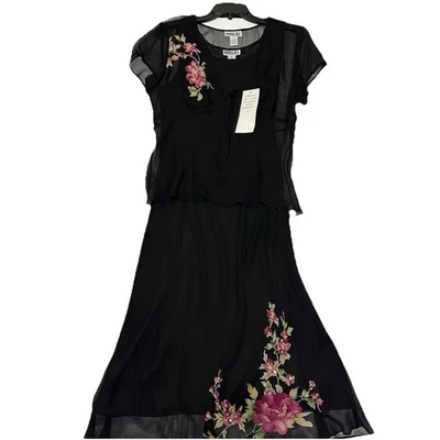 Vestido Robbie Bee tamanho 12 preto seda rosa flores forrado longo noite sem mangas - Imagem 1 de 4
