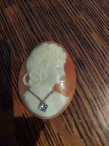 Victorian Antique Cameo 14K White Gold Diamond Necklace Shell Signed 1 5/8", - Picture 1 of 11