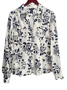WHBM 100% Silk Black Roses Button-up Blouse Size 8 Roll-up Sleeves Ivory NWT - Picture 1 of 9