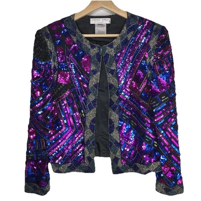 VTG 80s Adriana Papell Sequin Beaded Silk Bolero Crop Jacket Size PS Blue Purple - Image 1 of 4