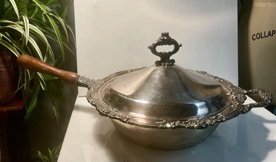 FB Rogers Chafing Warming Dish  7745 Silver Plated Ornate Wood Handle 14” As is - Image 1 of 4