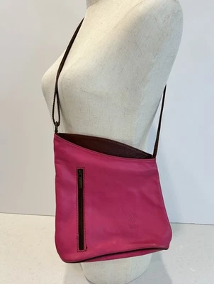 Vera Pelle Italy Pink Leather Crossbody Purse Brown Trim Strap Zip Closure Bag - Image 1 of 4