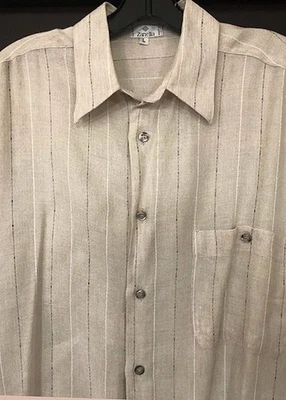 Zanella Italy Linen Blend Button down Stripe Beige Dress Shirt Mens Size L - Image 1 of 4