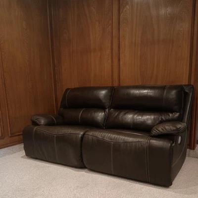 Power Reclining Love seat.  Brown leather.  - Image 1 of 4