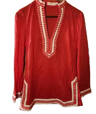 TORY BURCH SIGNATURE BEAUTIFUL Coral Red Linen Kaftan Embroidered Tunic Top - Image 1 of 4