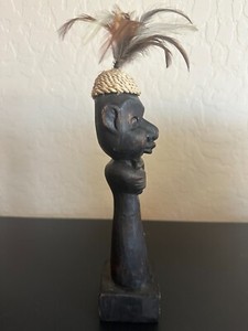 Vintage Wood Carved African Male Figurine with Wicker/Feather Hat