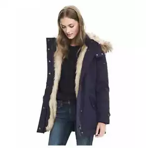 NEW WOMEN'S L BANANA REPUBLIC FAUX FUR SOLID PARKA DOWN COAT PREPPY NAVY - Picture 1 of 5