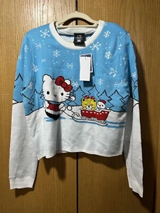 Hello Kitty Blue Christmas Sweater Cute Womens/Juniors Cropped Top Large NWT - Picture 1 of 3