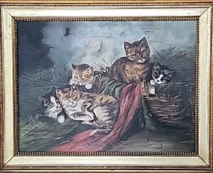 Old Master Art Antique Oil Painting Animal Cat Kitten on canvas 25" x 31" Framed - Picture 1 of 13