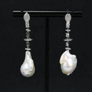 Freshwater Cultured White Keshi Baroque Pearl CZ Pendant Necklace Earrings Sets - Picture 1 of 13
