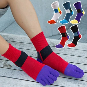 1pair Men Cotton Crew Five Finger Toe Ankle Striped Breathe Solid Sport Socks ^ - Picture 1 of 18