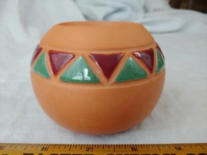 Southwestern Clay Pottery Triangle Pattern Candleholder Signed "B" Green As Is - Picture 1 of 8