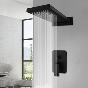 22"Black Shower Faucet Set Rectangle Head Rainfall Spout Mixer Single Handle Tap - Picture 1 of 11