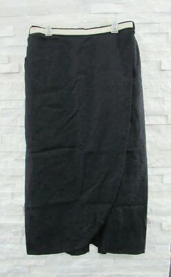 NUEVO CON ETIQUETAS LINO Negro Lino Largo Imitación Envoltura Frontal Beige Borde Cocoon Falda L Foto 1 de 4