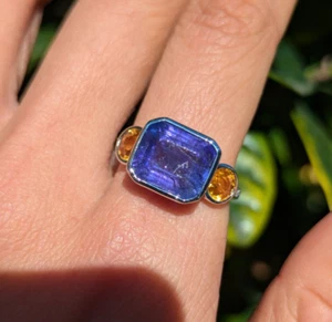 14ct White Gold Art Deco Style Emerald Cut Blue Tanzanite Yellow Sapphire Ring - Picture 1 of 11