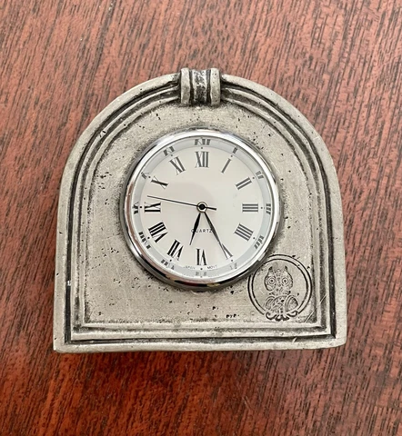 Rare Collectible Miniature Pewter Quartz Clock, Hand-made Arte Italica Owl Stamp Cover