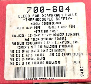 ROBERTSHAW 700-804 Gas Valve, 3/4 in, Natural Gas 6KXF6 - Picture 1 of 8