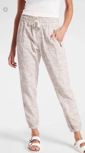 Athleta Women’s Cabo Tide Linen Jogger Pants Tan Khaki Camo Print Size 12 EUC - Picture 1 of 14