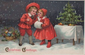 Weihnachten um 1912 - Kinder um Weihnachtsbaum auf Tisch - unbenutzt/unbespielt - Bild 1 von 2