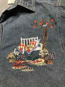 De Colección Bobbie Brooks Bordado Denim Abotonado Gatito Gatos Flores Jardín MED 8/10 - Imagen 1 de 14
