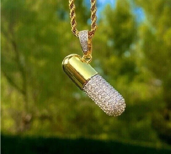 2.0 Ct Round Simulated Diamond Tiny Capsule Shape Pendant 14k Yellow Gold Plated - Imagem 1 de 1