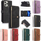 for iPhone 11 12 13 14 Pro Max Leather Wallet Card Holder Case Zipper Wriststrap