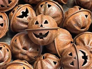 5 Primitive Fall Rusty Metal Pumpkin Jingle Bells SMALL Jack O Laterns Halloween - Picture 1 of 6