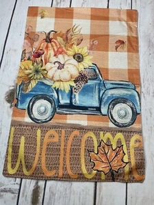 Fall Little Blue Truck Welcome Burlap Garden Flag 12” X 18” Double Sided - Picture 1 of 1